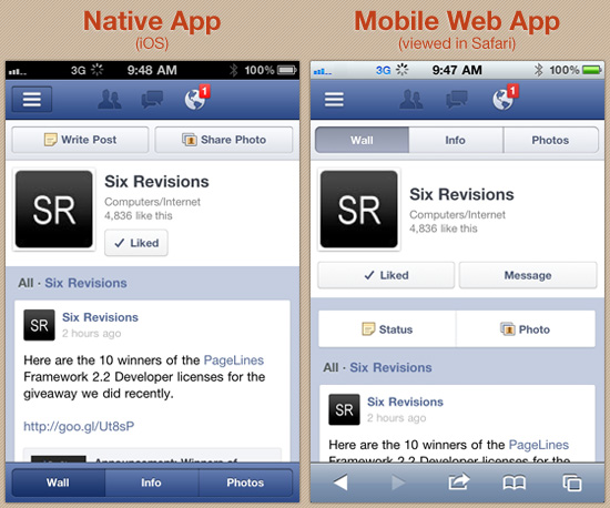 facebook native mobile web app